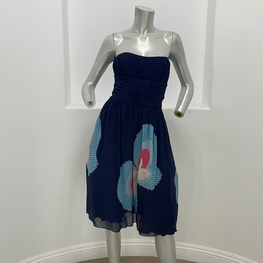 ANNA SUI Strapless  Fit And Flare Empire Waist Silk Dress Navy Floral Size 4